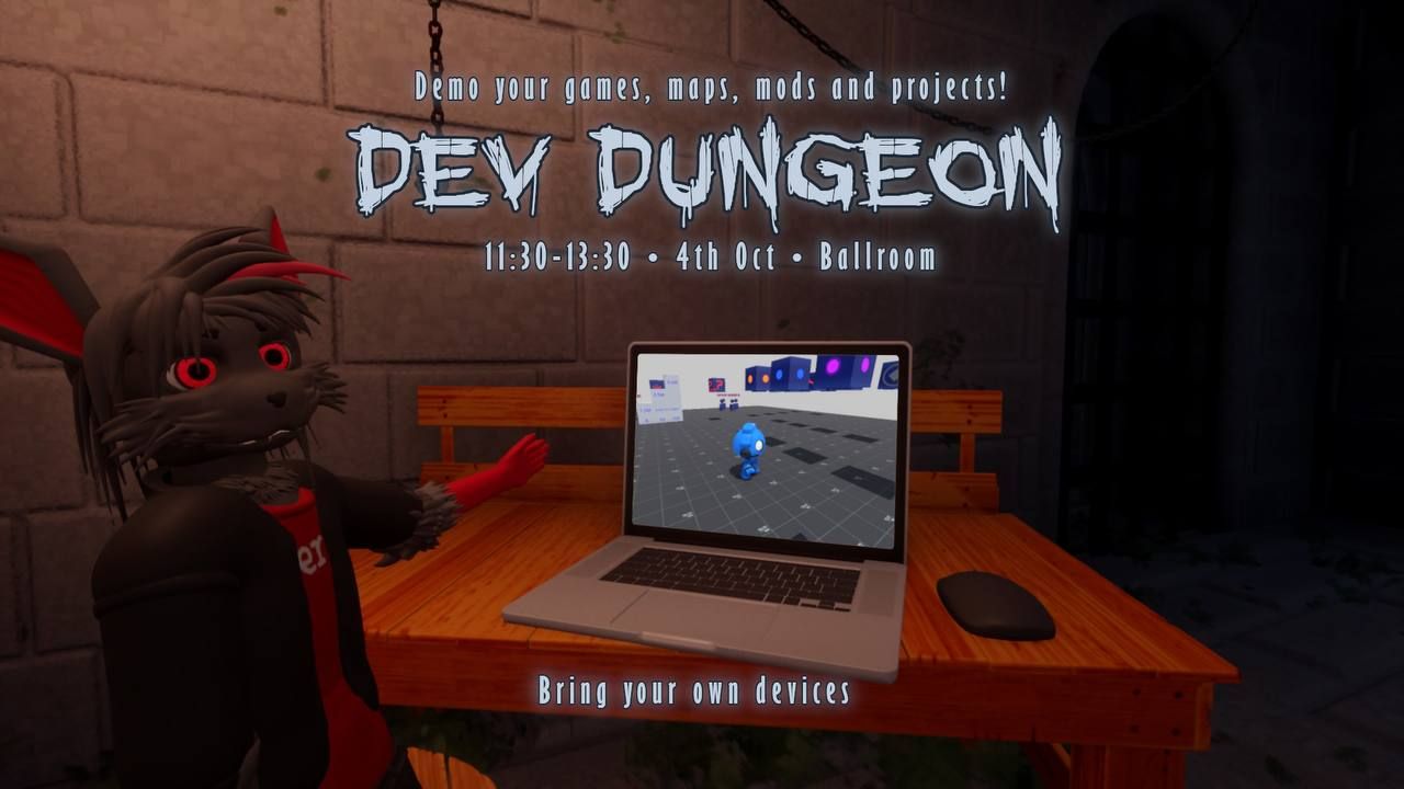 VRChat Avatar showing off their game "Demo your games maps mods and projects!"