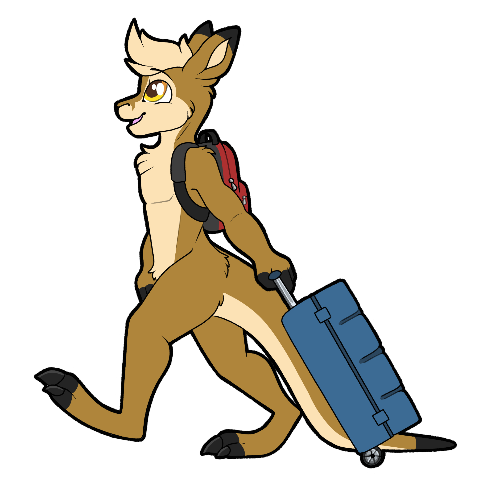 The FurDU Mascot, DuRoo, Pulling a luggage bag behind him.